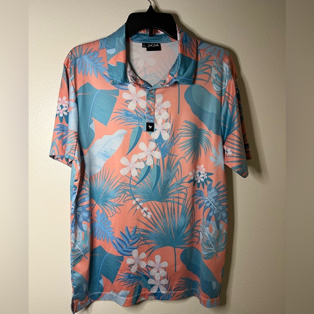Bad Birdie Golf  Polo Coral And Blue Tropical Print Mens Large